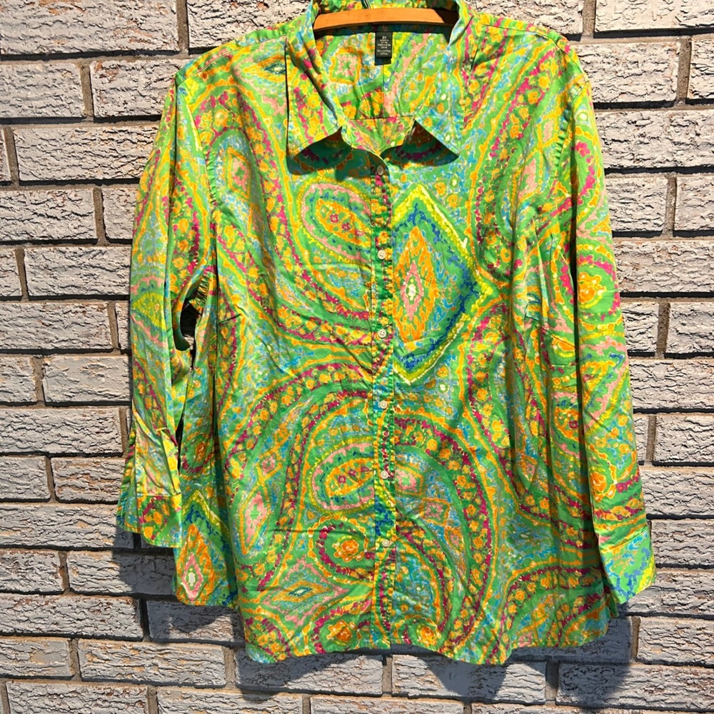 Lauren Ralph Lauren Green Paisley Cotton Button Down Shirt Womens 2X